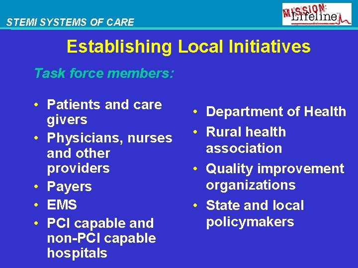 STEMI SYSTEMS OF CARE Establishing Local Initiatives Task force members: • Patients and care