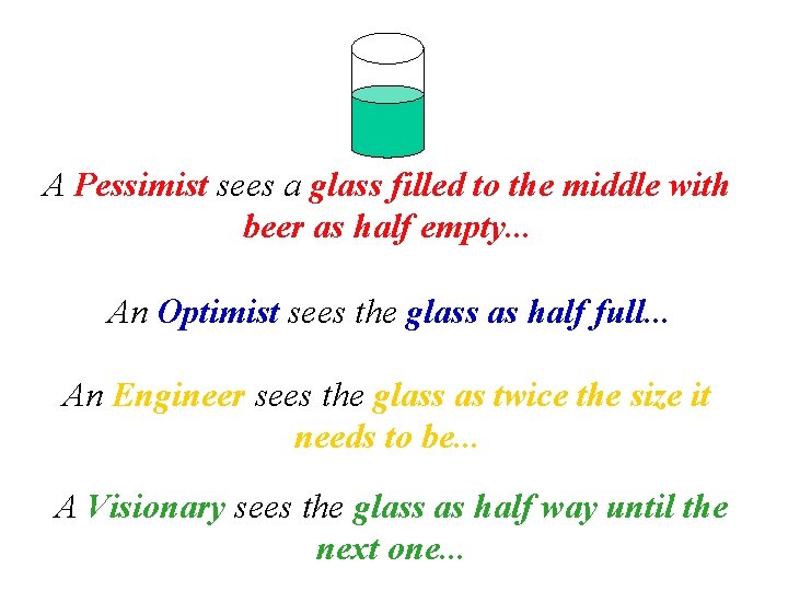 A Pessimist sees a glass filled to the middle with beer as half empty.