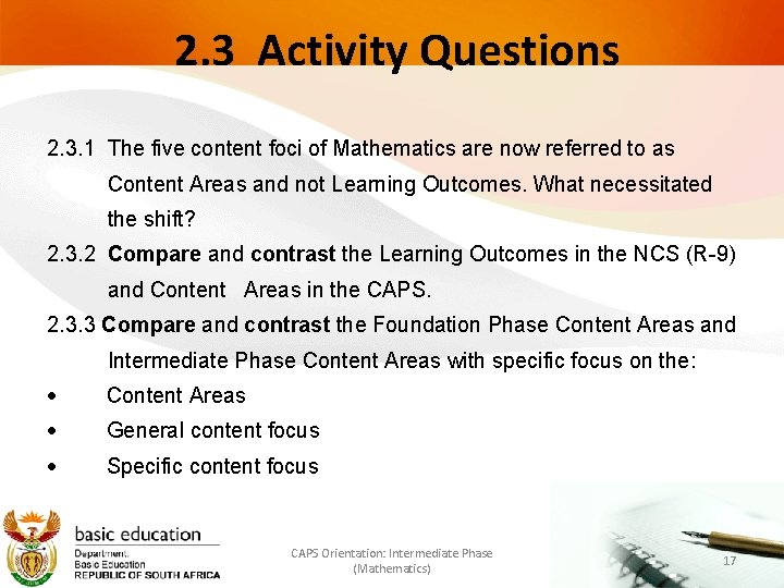  2. 3 Activity Questions 2. 3. 1 The five content foci of Mathematics