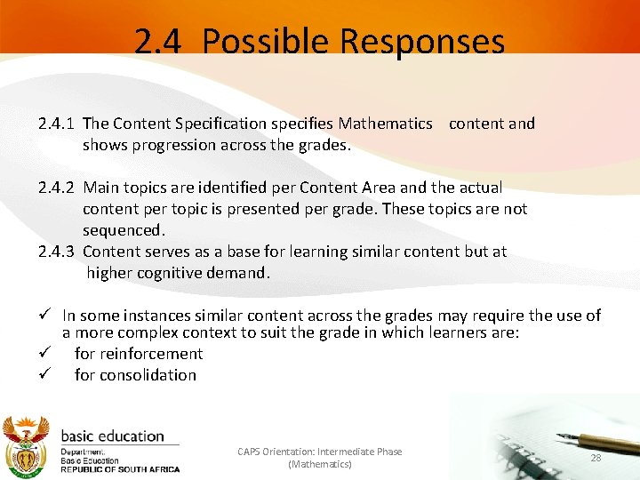 2. 4 Possible Responses 2. 4. 1 The Content Specification specifies Mathematics content and