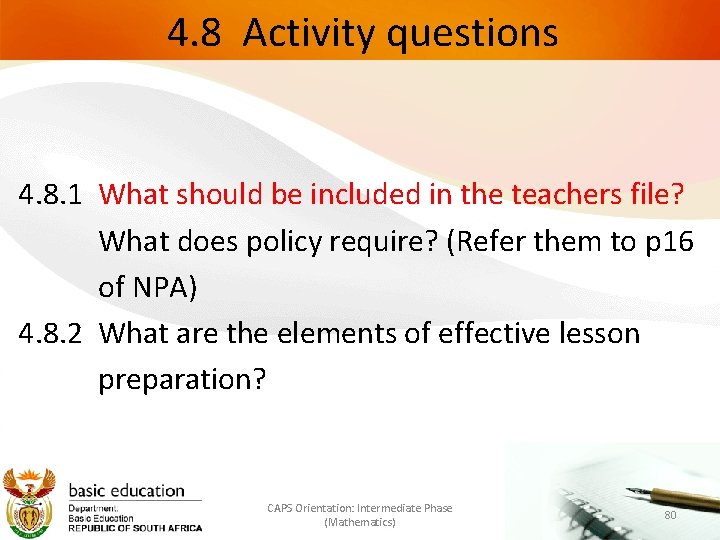 4. 8 Activity questions 4. 8. 1 What should be included in the teachers