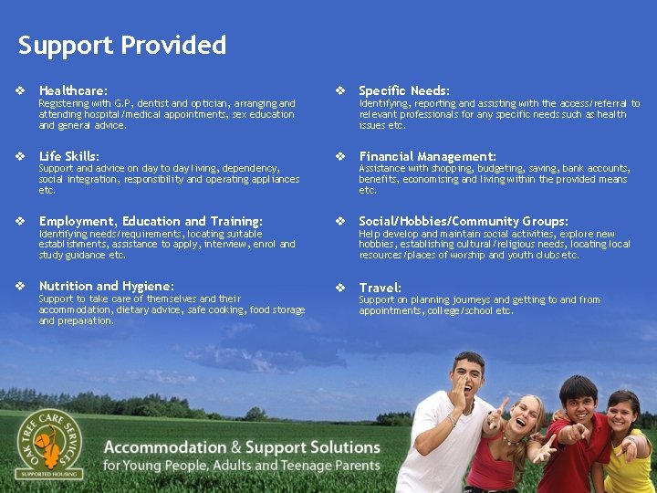 Support Provided v Healthcare: v Specific Needs: v Life Skills: v Financial Management: v