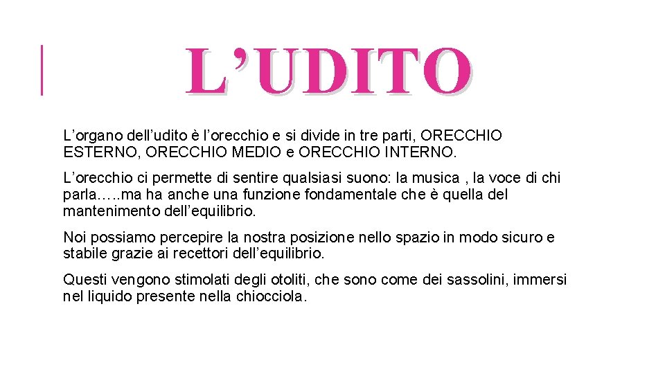 L’UDITO L’organo dell’udito è l’orecchio e si divide in tre parti, ORECCHIO ESTERNO, ORECCHIO