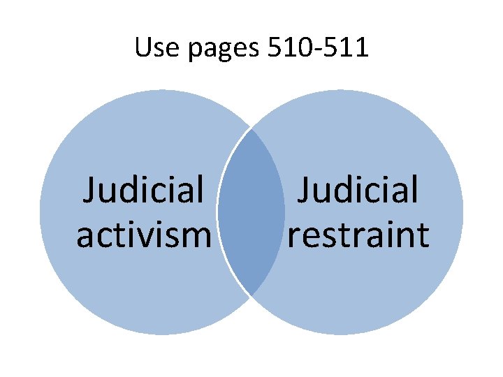 Use pages 510 -511 Judicial activism Judicial restraint 