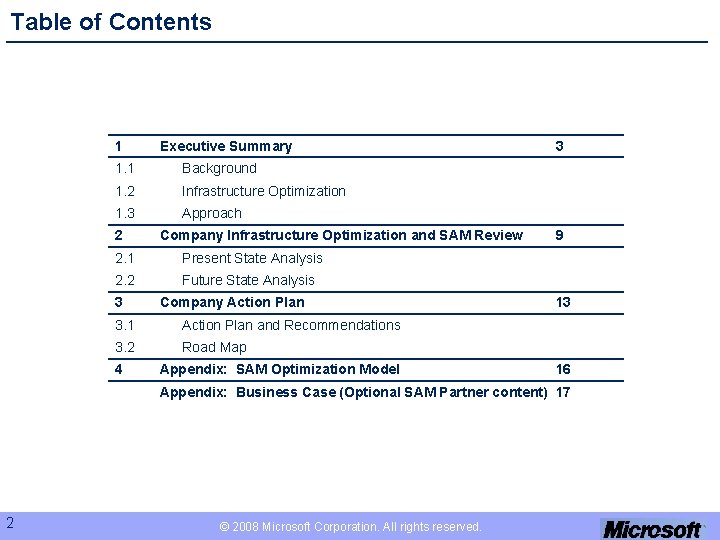 Table of Contents 1 Executive Summary 1. 1 Background 1. 2 Infrastructure Optimization 1.