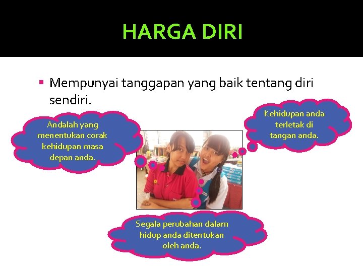 HARGA DIRI Mempunyai tanggapan yang baik tentang diri sendiri. Kehidupan anda terletak di tangan