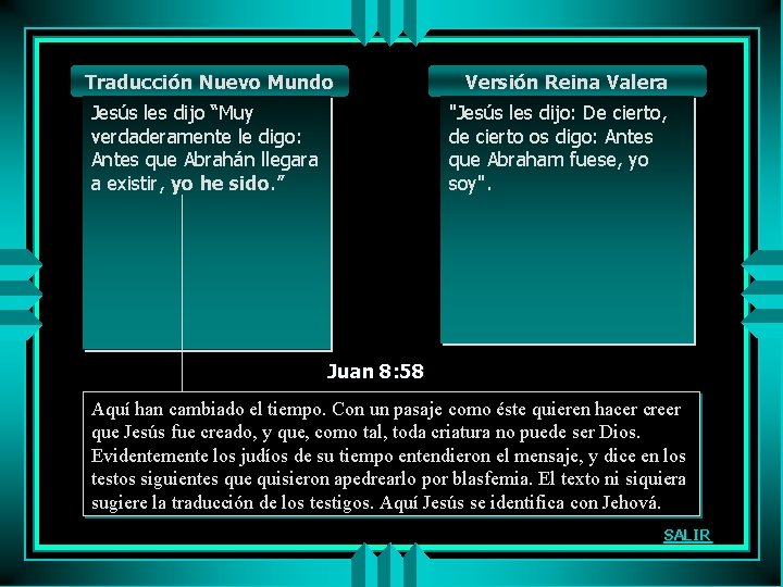 Traducción Nuevo Mundo Jesús les dijo “Muy verdaderamente le digo: Antes que Abrahán llegara