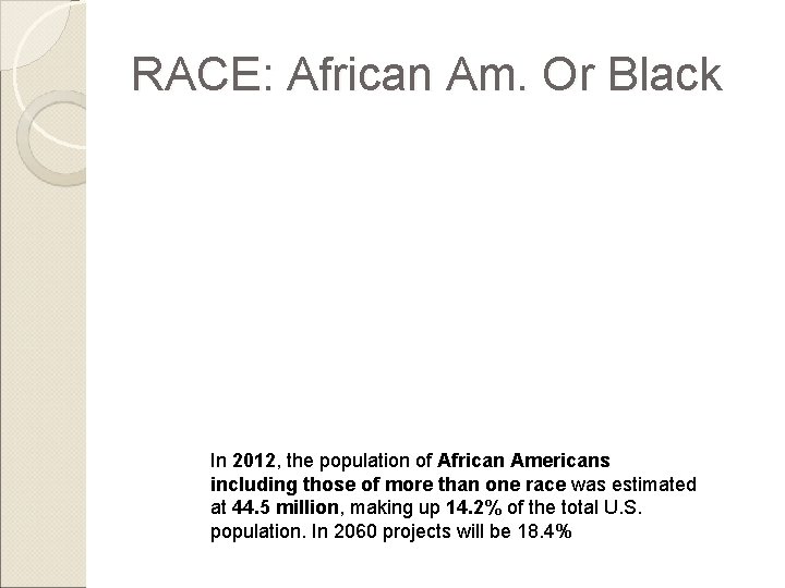 RACE: African Am. Or Black In 2012, the population of African Americans including those RACE: African Am. Or Black In 2012, the population of African Americans including those