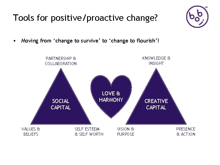 Tools for positive/proactive change? • Moving from ‘change to survive’ to ‘change to flourish’!