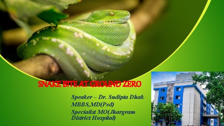 SNAKE BITE AT GROUND ZERO Speaker – Dr. Sudipta Dhak MBBS, MD(Ped) Specialist MO(Jhargram