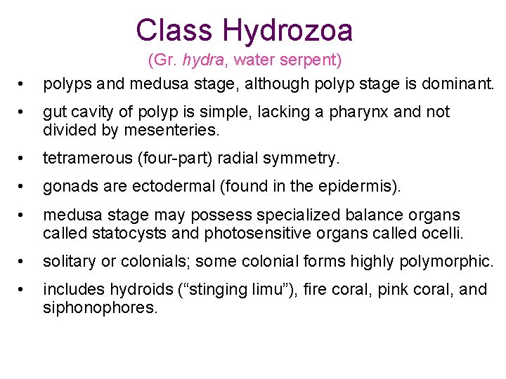 Class Hydrozoa • (Gr. hydra, water serpent) polyps and medusa stage, although polyp stage Class Hydrozoa • (Gr. hydra, water serpent) polyps and medusa stage, although polyp stage