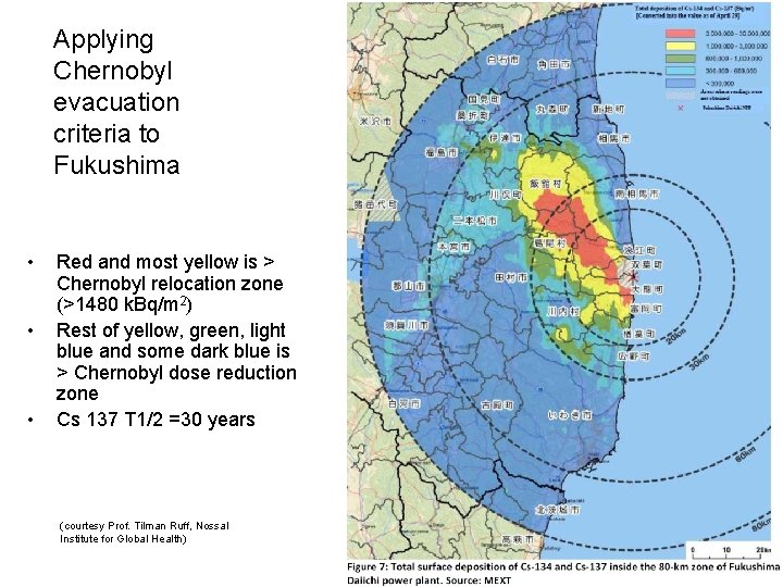 Applying Chernobyl evacuation criteria to Fukushima • • • Red and most yellow is