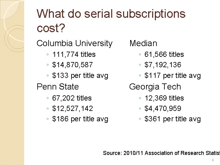 What do serial subscriptions cost? Columbia University ◦ 111, 774 titles ◦ $14, 870,