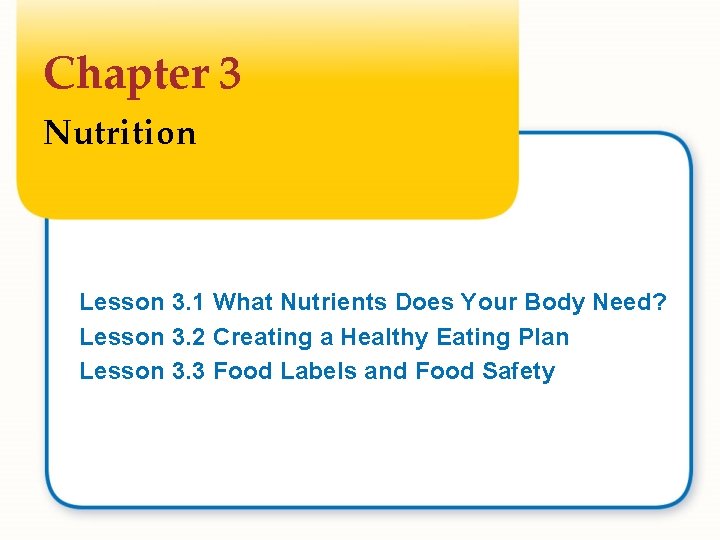 Chapter 3 Nutrition Lesson 3. 1 What Nutrients Does Your Body Need? Lesson 3.