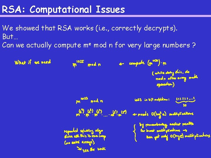 RSA: Computational Issues We showed that RSA works (i. e. , correctly decrypts). But…