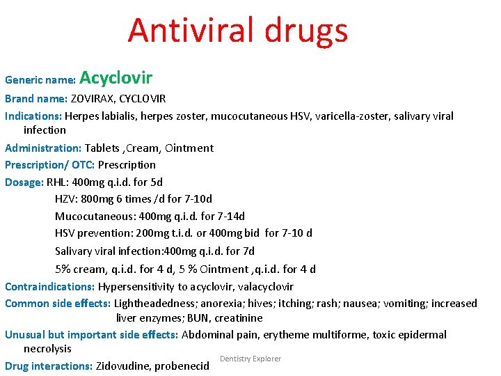 Antiviral drugs Generic name: Acyclovir Brand name: ZOVIRAX, CYCLOVIR Indications: Herpes labialis, herpes zoster,