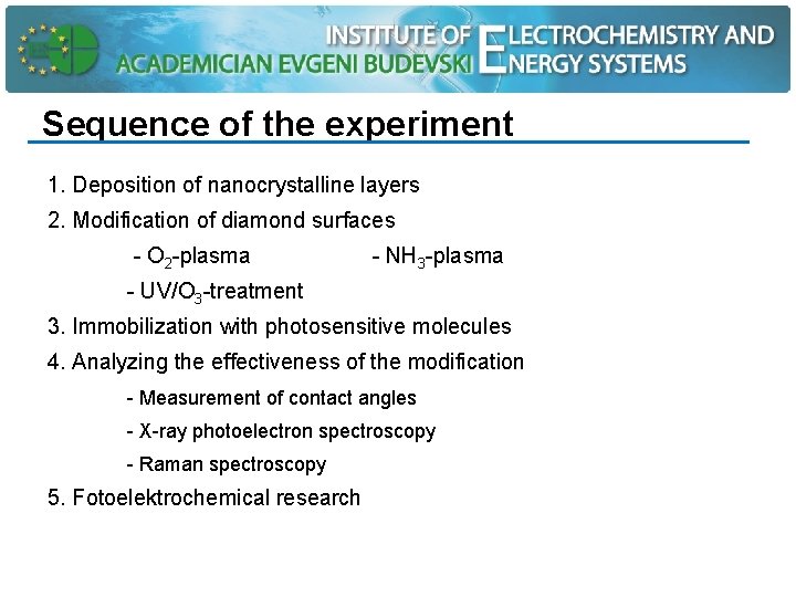 Sequence of the experiment 1. Deposition of nanocrystalline layers 2. Modification of diamond surfaces