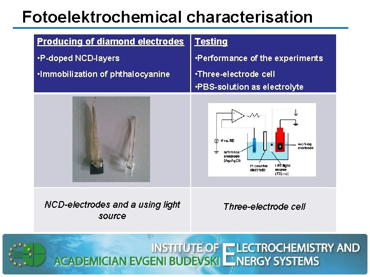 Fotoelektrochemical characterisation Producing of diamond electrodes Testing • P-doped NCD-layers • Performance of the