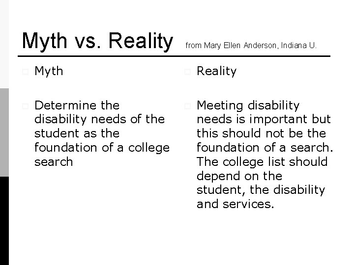 Myth vs. Reality from Mary Ellen Anderson, Indiana U. p Myth p Reality p