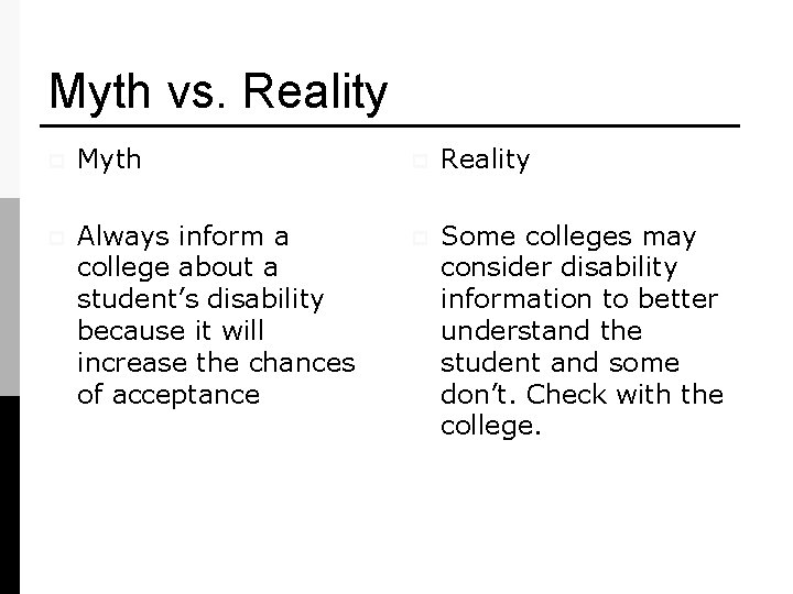 Myth vs. Reality p Myth p Reality p Always inform a college about a