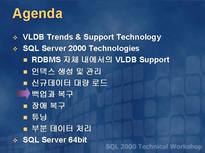 Agenda v v v VLDB Trends & Support Technology SQL Server 2000 Technologies n