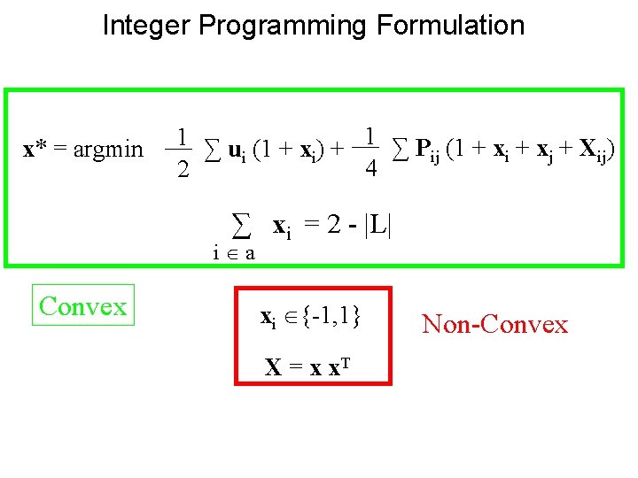 Integer Programming Formulation x* = argmin 1 ∑ u (1 + x ) +