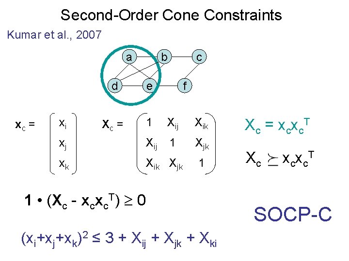 Second-Order Cone Constraints Kumar et al. , 2007 a xc = b c d