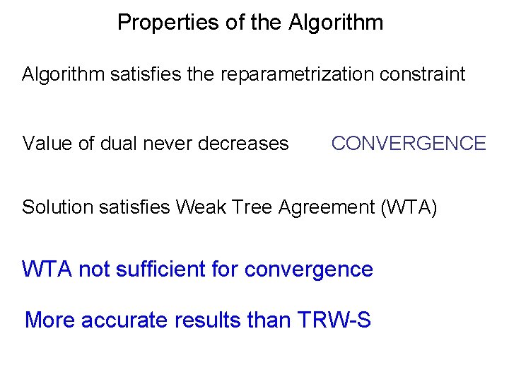 Properties of the Algorithm satisfies the reparametrization constraint Value of dual never decreases CONVERGENCE