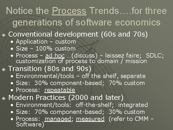 Notice the Process Trends…. for three generations of software economics u Conventional development (60