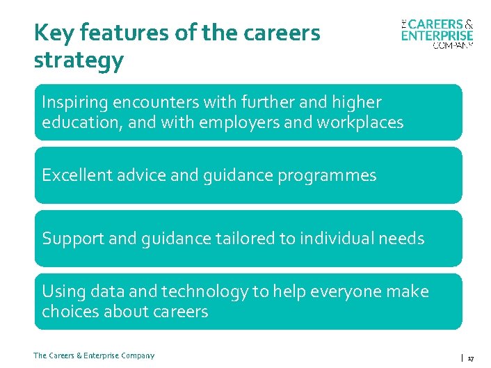 Key features of the careers strategy Inspiring encounters with further and higher education, and