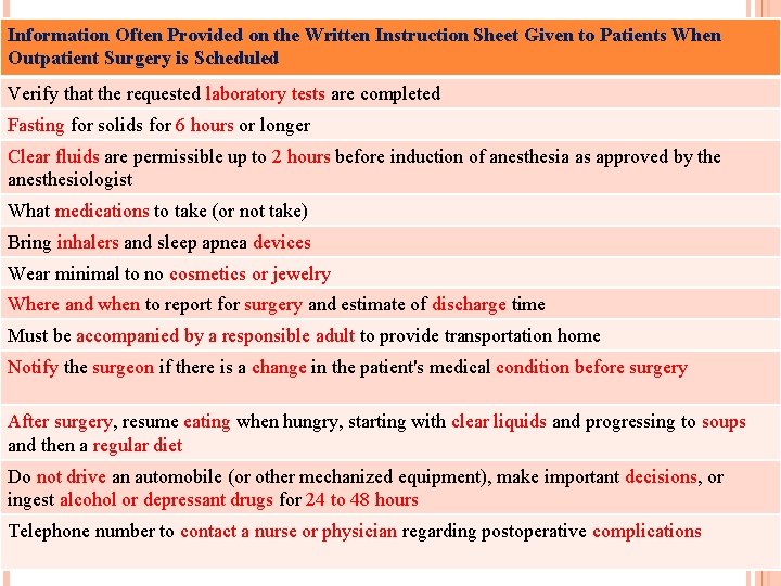 Information Often Provided on the Written Instruction Sheet Given to Patients When Outpatient Surgery