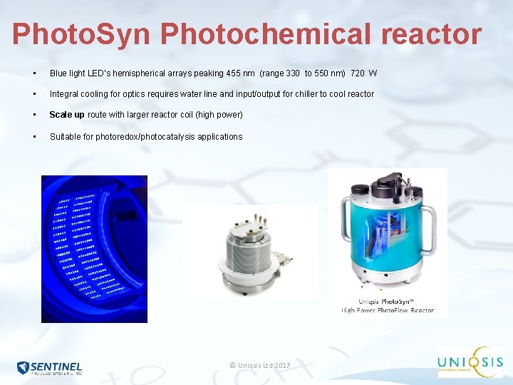 Photo. Syn Photochemical reactor • Blue light LED’s hemispherical arrays peaking 455 nm (range Photo. Syn Photochemical reactor • Blue light LED’s hemispherical arrays peaking 455 nm (range