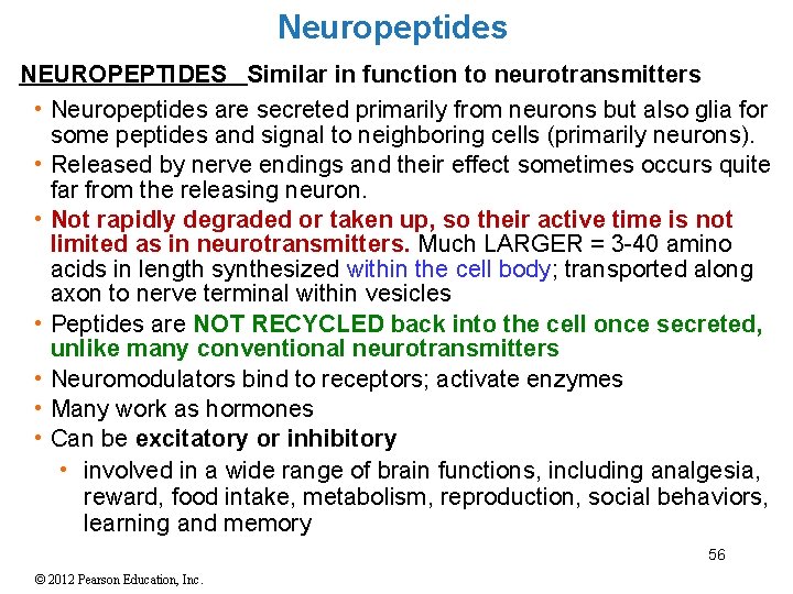 Neuropeptides NEUROPEPTIDES Similar in function to neurotransmitters • Neuropeptides are secreted primarily from neurons Neuropeptides NEUROPEPTIDES Similar in function to neurotransmitters • Neuropeptides are secreted primarily from neurons
