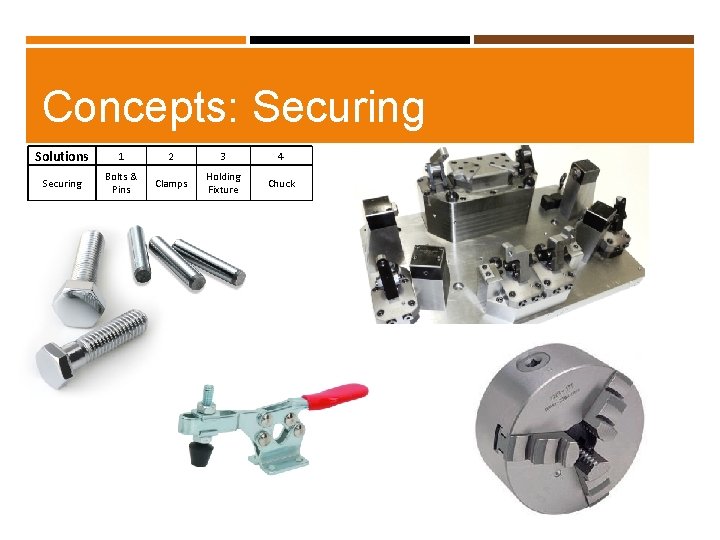 Concepts: Securing Solutions 1 2 3 4 Securing Bolts & Pins Clamps Holding Fixture