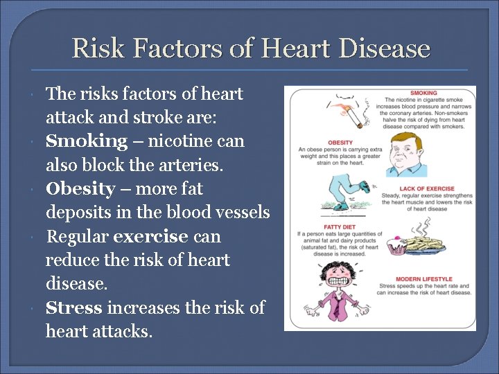 Risk Factors of Heart Disease The risks factors of heart attack and stroke are:
