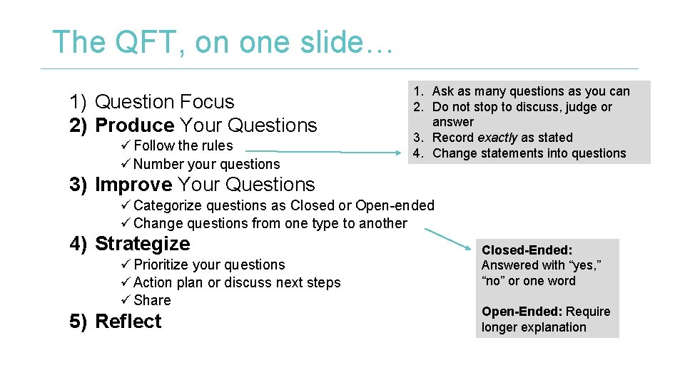 The QFT, on one slide… 1) Question Focus 2) Produce Your Questions ü Follow