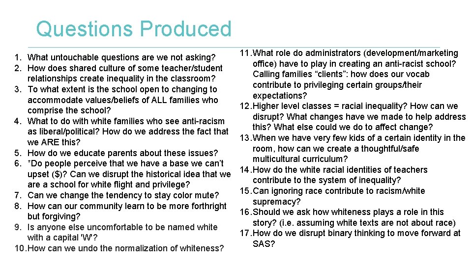 Questions Produced 1. What untouchable questions are we not asking? 2. How does shared