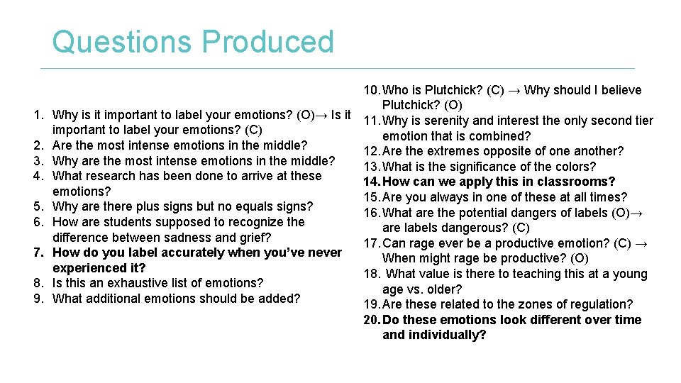 Questions Produced 10. Who is Plutchick? (C) → Why should I believe Plutchick? (O)