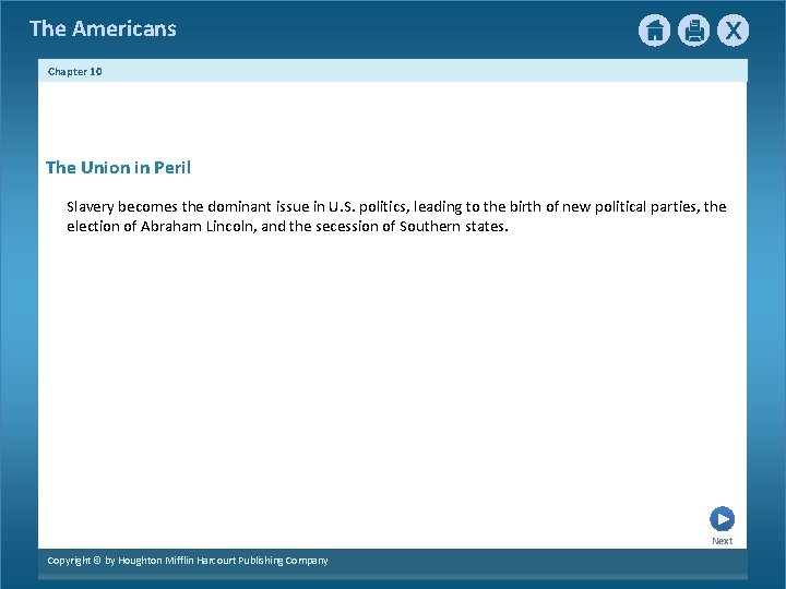 The Americans Chapter 10 The Union in Peril Slavery becomes the dominant issue in