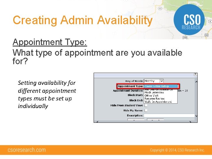 Creating Admin Availability Appointment Type: What type of appointment are you available for? Setting