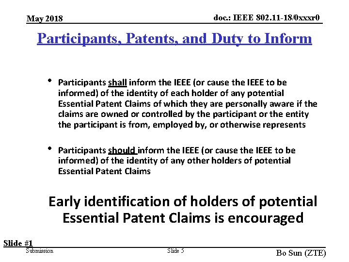 doc. : IEEE 802. 11 -18/0 xxxr 0 May 2018 Participants, Patents, and Duty