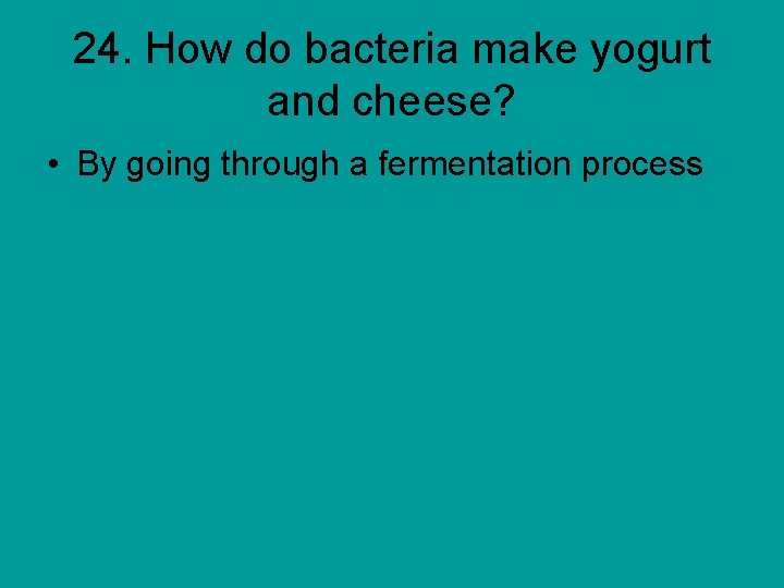 24. How do bacteria make yogurt and cheese? • By going through a fermentation