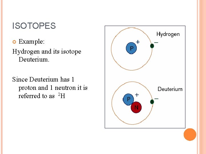 ISOTOPES Example: Hydrogen and its isotope Deuterium. Since Deuterium has 1 proton and 1