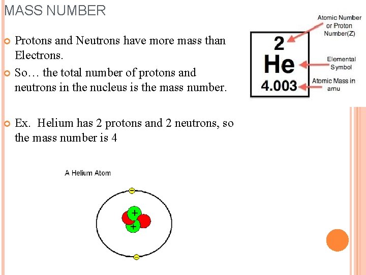 MASS NUMBER Protons and Neutrons have more mass than Electrons. So… the total number