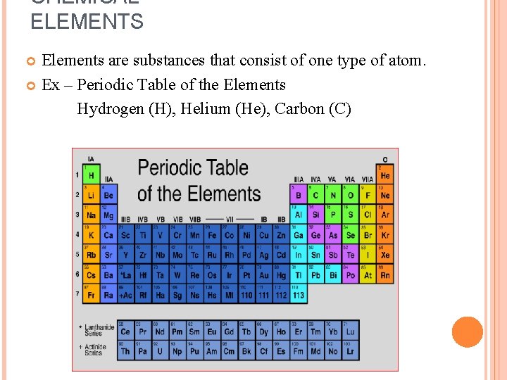 CHEMICAL ELEMENTS Elements are substances that consist of one type of atom. Ex –