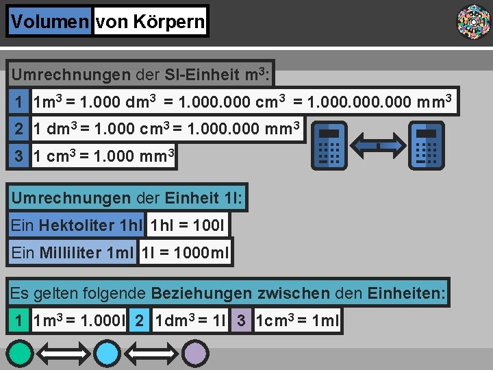 Volumen von Körpern Umrechnungen der SI-Einheit m 3: 1 1 m 3 = 1.