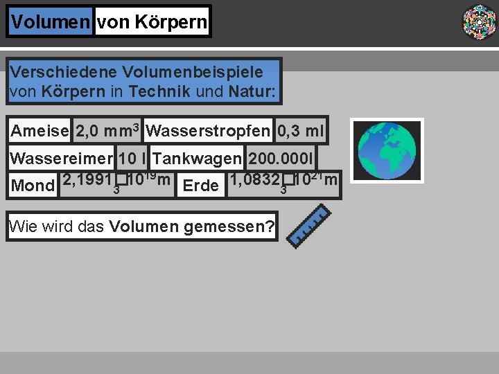 Volumen von Körpern Verschiedene Volumenbeispiele von Körpern in Technik und Natur: Ameise 2, 0