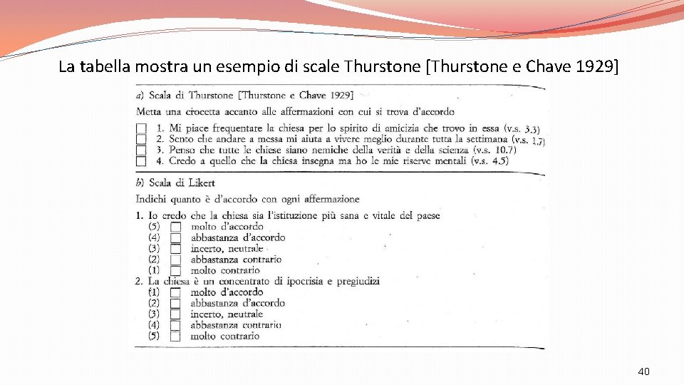 La tabella mostra un esempio di scale Thurstone [Thurstone e Chave 1929] 40 