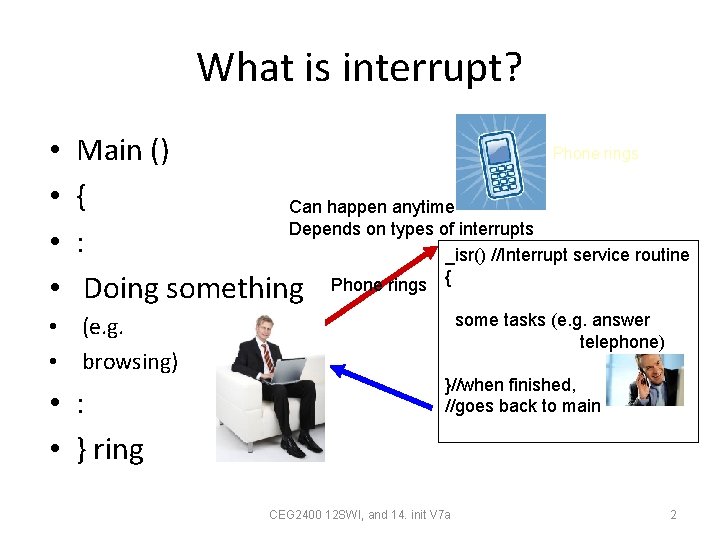 What is interrupt? • • Phone rings Main () { Can happen anytime Depends