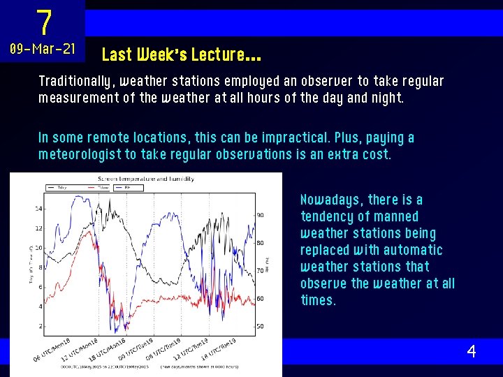 7 09 -Mar-21 Last Week’s Lecture… Traditionally, weather stations employed an observer to take